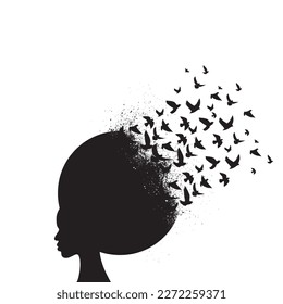 Abstract black woman head silhouette with different thoughts and flying birds isolated on white background