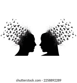 Abstract black woman and man head silhouette with different thoughts and flying birds isolated on white background