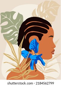 Abstract black woman portrait. Afro american black skin girl with blue flower and tropical background. Trendy boho style poster, wall art, card, cover, etc. Fashion vector art illustration.