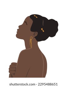 Abstract Black Woman Portrait for Female Print, Boho Girl Wall Art , Mid Century modern design, avatar. Stylish afro woman Vector illustration in Earthy Tones on white background