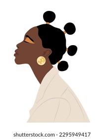 Abstract Black Woman Portrait for Female Print, Boho Girl Wall Art , Mid Century modern design, avatar. Stylish afro woman side view Vector illustration in Earthy Tones on white background