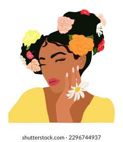 Abstract Black Woman Portrait for Female Print, Boho Girl Wall Art , Mid Century modern design, avatar. Stylish afro woman with flowers Vector illustration in Earthy Tones on white background