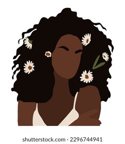 Abstract Black Woman Portrait for Female Print, Boho Girl Wall Art , Mid Century modern design, avatar. Stylish afro woman with flowers Vector illustration in Earthy Tones on white background