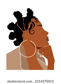 Abstract Black Woman Portrait for Female Print, Boho Girl Wall Art , Mid Century modern design, avatar. Stylish afro woman side view Vector illustration in Earthy Tones on white background