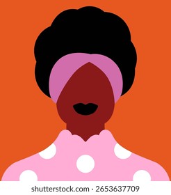 Retrato de mulher negra abstrato em estilo moderno na moda. Moda feminina, personagem afro-americana sem rosto com bandana, lábios. Rosto de menina, avatar de cabeça, perfil de usuário, cartaz. Ilustração de vetor plano