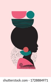 Abstract black woman profile in geometric ethnic style. Natural beauty silhouettes drawing with geometrical shapes, grainy grunge textures, doodles. Vector fashion illustration