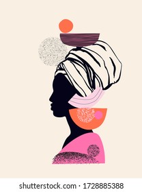 Abstract black woman profile in geometric ethnic style. Natural beauty silhouettes drawing with geometrical shapes, grainy grunge textures, doodles. Vector fashion illustration