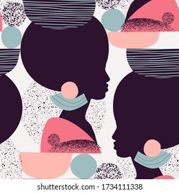 Abstract black woman profile in geometric ethnic style. Natural beauty silhouette drawing with geometrical shapes, grainy grunge texture, doodles. Vector fashion illustration. Stylish seamless pattern
