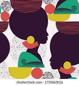 Abstract black woman profile in geometric ethnic style. Natural beauty silhouette drawing with geometrical shapes, grainy grunge texture, doodles. Vector fashion illustration. Stylish seamless pattern