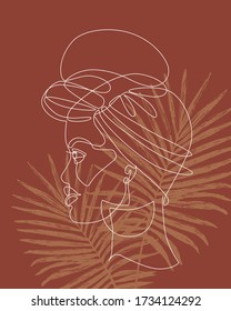 Abstract black woman profile in modern one line style. Natural beauty continuous line simple drawing. Afro girl in turban on palm leaves background. Vector fashion illustration in eco style