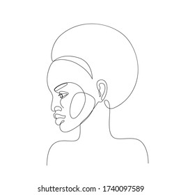 Abstract black woman profile in modern one line style. Natural beauty continuous line simple drawing. Afro girl isolated on white background. Vector fashion illustration