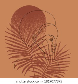 Abstract black woman profile in modern one line style. Natural beauty continuous line simple drawing. Afro girl on palm leaves background. Vector fashion illustration in eco style