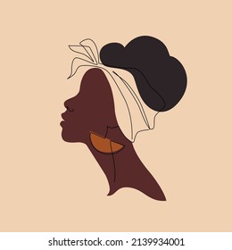 Abstract black woman profile in modern flat line style. Natural beauty silhouette. Black afro woman portrait isolated. Vector abstract person Illustration for avatars, fashion design