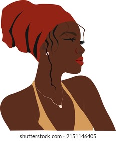 Abstract Black Woman in Red HeadWrap and mustard yellow top. Beautiful African American Dark skin girl vector portrait. Modern minimalist flat illustration.