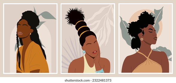 Abstract black women contemporary poster, wall art design with beautiful African ladies on neutral earthy colors background. Gorgeous girls with exotic hairstyle vector bohemian art.