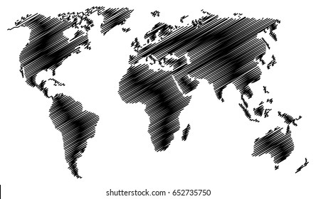 Abstract black world map with scribble effect isolated on white background. Vector EPS10