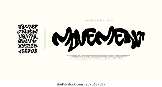 Abstract black Y2K alphabet and number. Black liquid ABC ,Brutal typography design. vector illustration in bubble brutalism style. Groovy modern alphabet. Funky letters