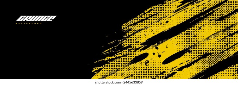 Abstract Black and Yellow Dirty Grunge Background with Halftone Effect. Sports Background with Brush Stroke Illustration