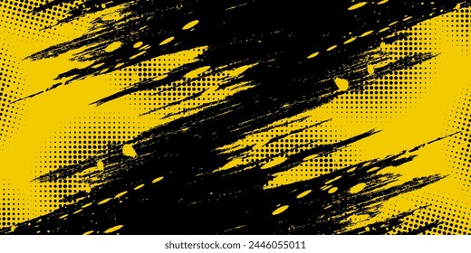 Fondo sucio negro y amarillo Abstractas del grunge con efecto de semitono. Fondo deportivo con ilustración de pincel