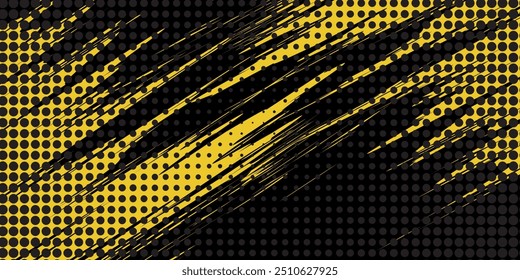 Abstract Black and Yellow Dirty Grunge Background with Halftone Effect. Sports Background with Brush Stroke Illustration