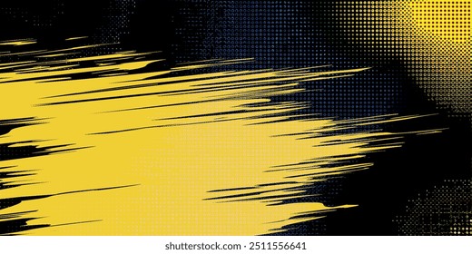 Abstract Black and Yellow Dirty Grunge Background with Halftone Effect. Sports Background with Brush Stroke Illustration