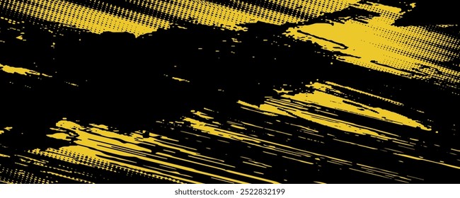 Abstract Black and Yellow Dirty Grunge Background with Halftone Effect. Sports Background with Brush Stroke vector Illustration