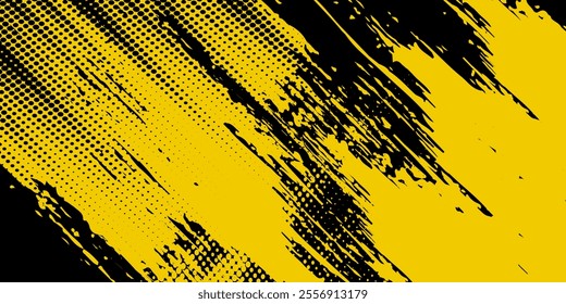 Abstract Black and Yellow Dirty Grunge Background with Halftone Effect. Sports Background with Brush Stroke modern background