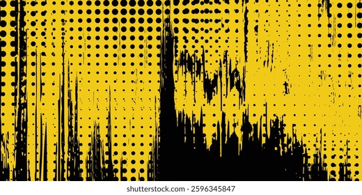 Abstract Black and Yellow Dirty Grunge Background with Halftone Effect. Sports Background with Brush Stroke Illustration