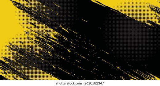 Abstract Black and Yellow Dirty Grunge Background with Halftone Effect. Sports Background with Brush Stroke Illustration