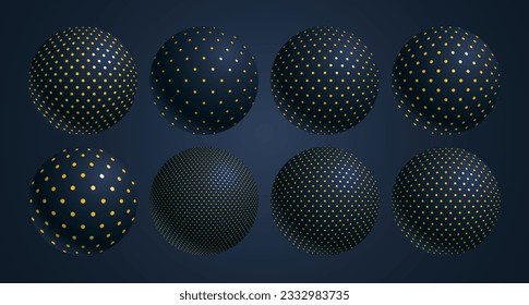 Abstract black and yellow dotted spheres vector set, balls decorated with dots, 3D globes