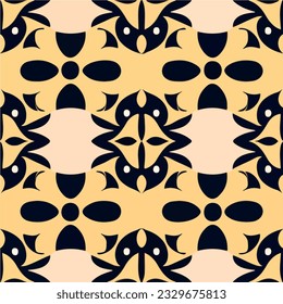 Abstract black and yellow fabric pattern with an art nouveau inspired design, seamlessly repeating for a striking visual effect.