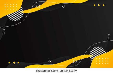 Abstract black and yellow fluid wave background with geometric shapes. Modern dynamic wallpaper. Template banner background for sales, business, ads, events, web, pages, and more