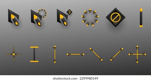 Abstract black and yellow gaming style mouse cursor pointer ui icons set