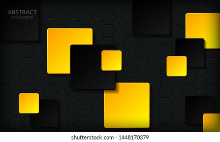 Abstract black and yellow geometric realistic 3d paper square background. Modern contrast technology corporate design template with hexagon pattern. Can use for banner, flyer, brochure, cover and card