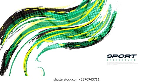 Abstract Black Yellow and Green Brush Background with Sporty Style and Halftone Effect. Brush Stroke Illustration for Banner, Poster, or Sports Background