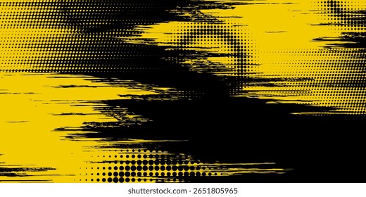 Fundo Grunge preto e amarelo abstrato com efeito de meio-tom. Plano de Fundo dos Esportes com Ilustração de Traçado de Pincel.