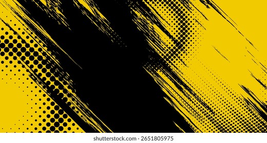 Abstract Black and Yellow Grunge Background with Halftone Effect. Sports Background with Brush Stroke Illustration.