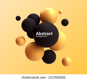 Abstract black and yellow image of flying spheres. Set of realistic, 3d balls and bubble, vector illustration. Futuristic  background for your design.