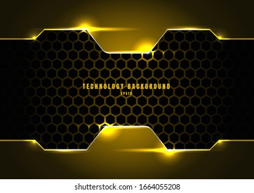 Abstract black and yellow metallic frame with lighting on hexagons texture pattern technology innovation concept background. Vector illustration