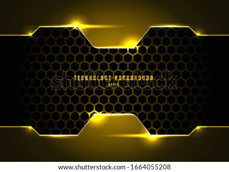 Abstract black and yellow metallic frame with lighting on hexagons texture pattern technology innovation concept background. Vector illustration