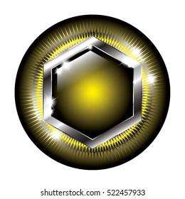 Abstract black and yellow round background with a silver hexagon frame, with space for your text. Vector illustration.