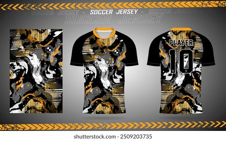 abstract black yellow shaped t shirt mockup sport jersey design for football soccer, racing, e sports, running design kit