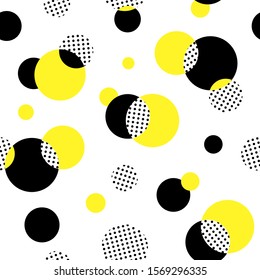 Abstract black, yellow, spotted circle background. Vector modern seamless pattern. Great for wallpaper, web background, wrapping paper, fabric, packaging, greeting cards, invitations and more.