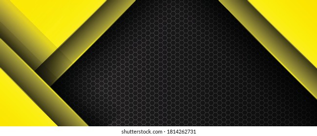 Abstract black yellow texture background hexagon. Metallic yellow black frame layout design tech innovation concept background. Vector illustration for modern keynote presentation background