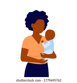 Abstract black young mother and baby son. Woman holds child in his arms. Family communication. Mother's day. Vector illustration on white background