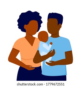 Abstract Black Young Mother, Father And Baby Little Son. Father Holds Child In His Arms. Family Communication Together. Vector Illustration On White Background