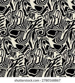 An abstract black-and-cream pattern of irregular, wavy organic shapes resembling a fusion of zebra stripes and topographic contours. abstract animal skin pattern