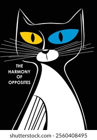 Abstract black-and-white cat illustration with contrasting yellow and blue eyes on a minimalist black background
