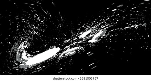 abstract black-and-white composition with dynamic, scattered strokes and splashes.