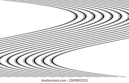 Abstract Black-and-White Curved Line Pattern with Optical Illusion Effect, Smooth Wave Motion, and Geometric Symmetry